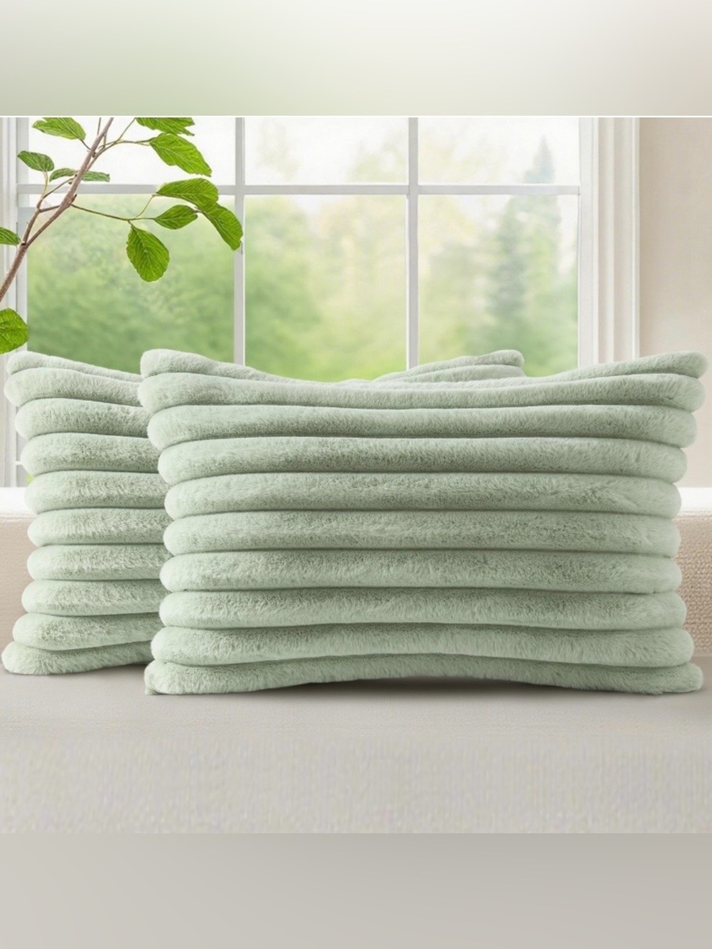 Plush Faux Fur Lumbar Pillow Covers Rectangular 12x20” (2-Pack) SAGE GREEN